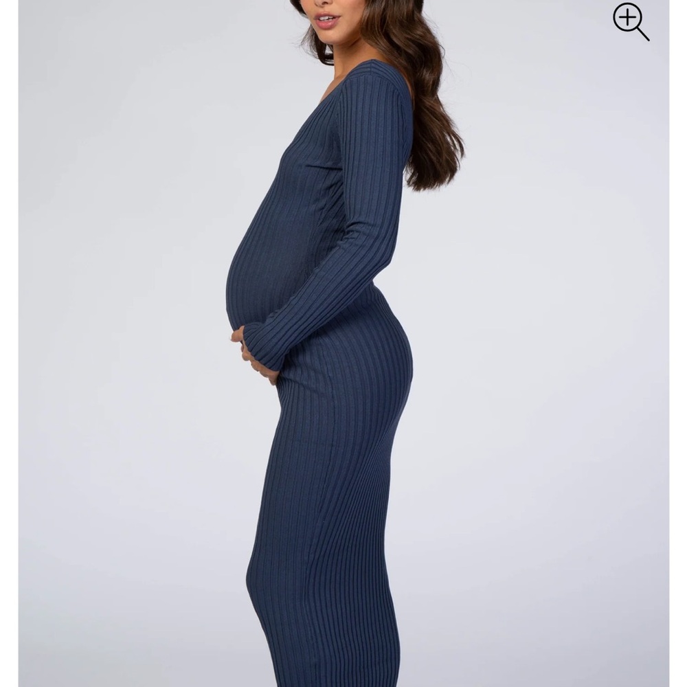PinkBlush Blue V-Neck Long Sleeve Fitted Maternity Maxi Dress